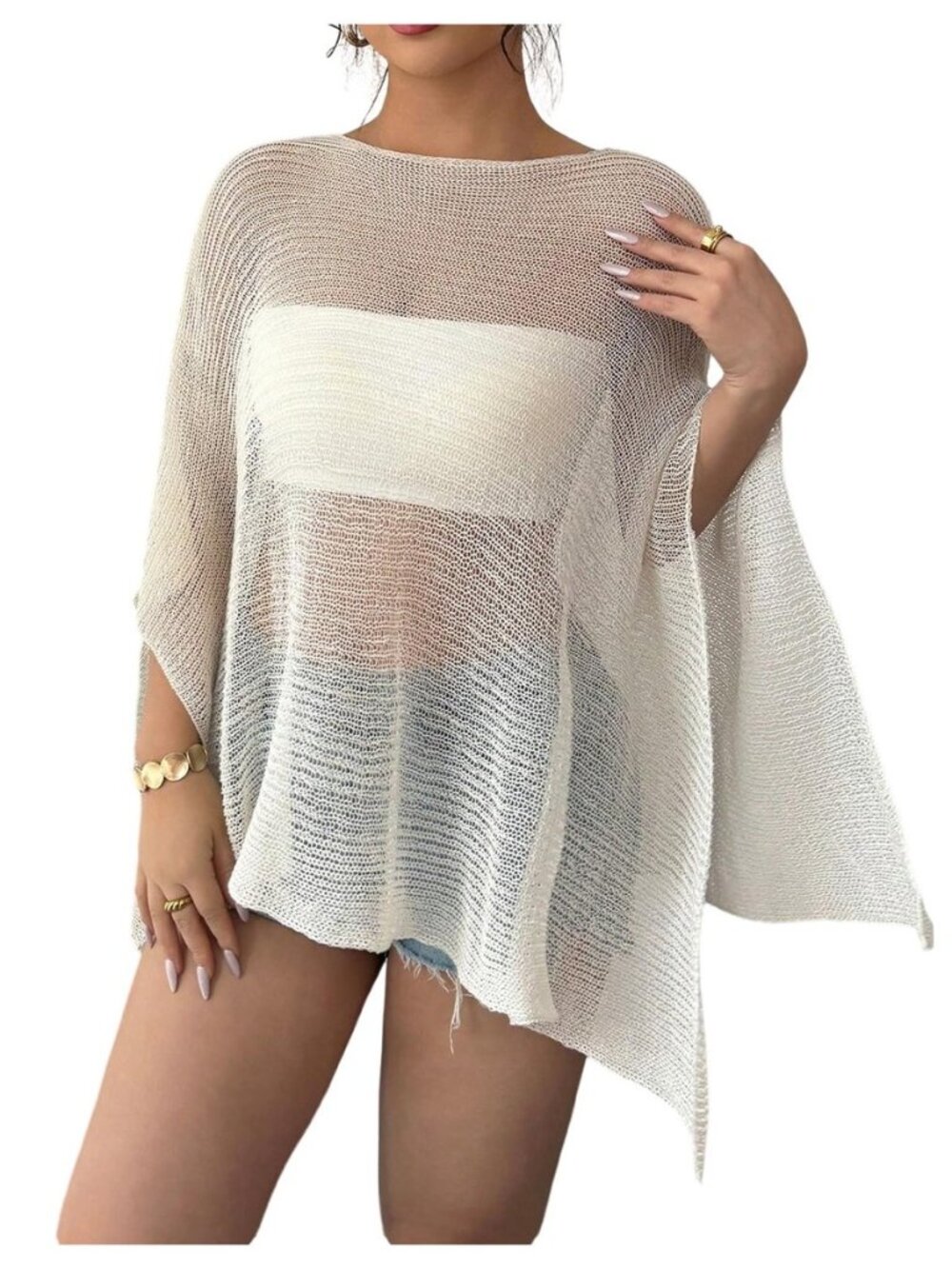 Women's See Through Knit Poncho Shawl 3/4 Sleeve Split Asymmetrical Shrug